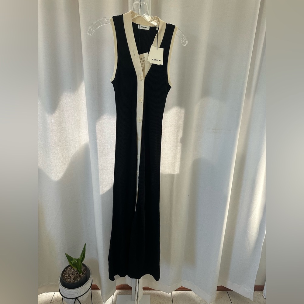 NWOT Sandro Gabriella black and ecru silk blend ribbed tank maxi dress - Picture 4 of 6